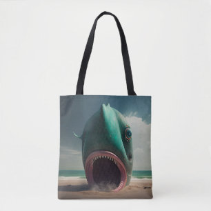 Shark sculpture on the beach tote bag
