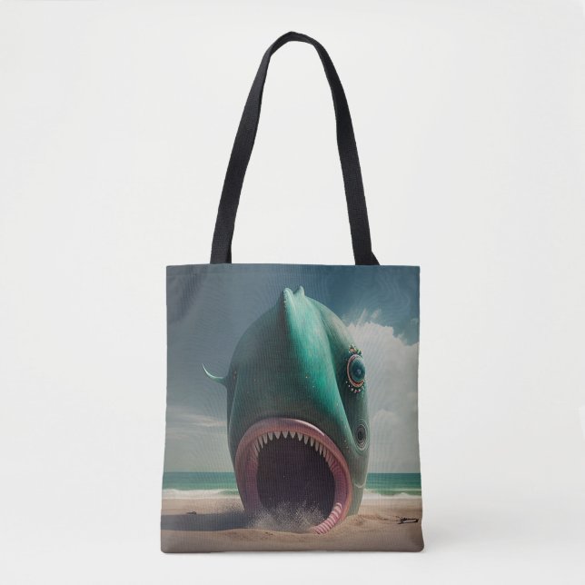 Shark sculpture on the beach tote bag (Front)