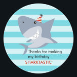 Shark Sharktastic Birthday Party Favour Classic Round Sticker<br><div class="desc">Cute shark theme birthday favour sticker featuring an illustration of a shark jumping in air with a grin and wearing a party hat. The background is blue stripes. The text says "thanks for making my birthday sharktastic."</div>
