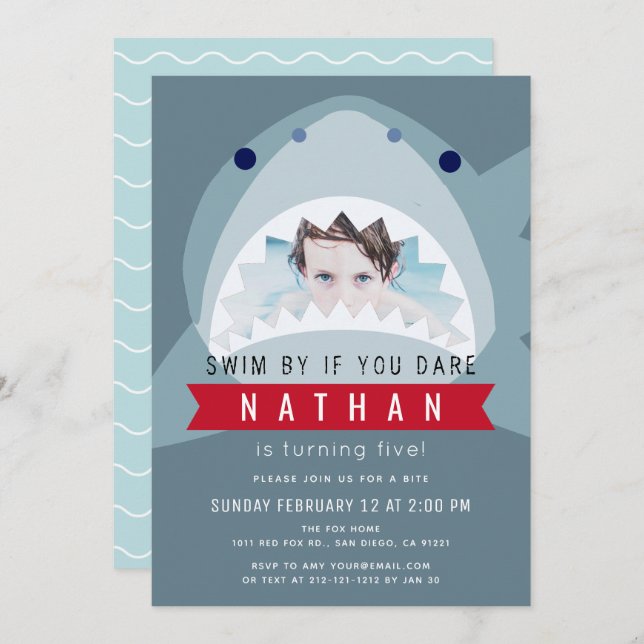 Shark Slate Blue Pool Boy Photo Birthday Invitation (Front/Back)