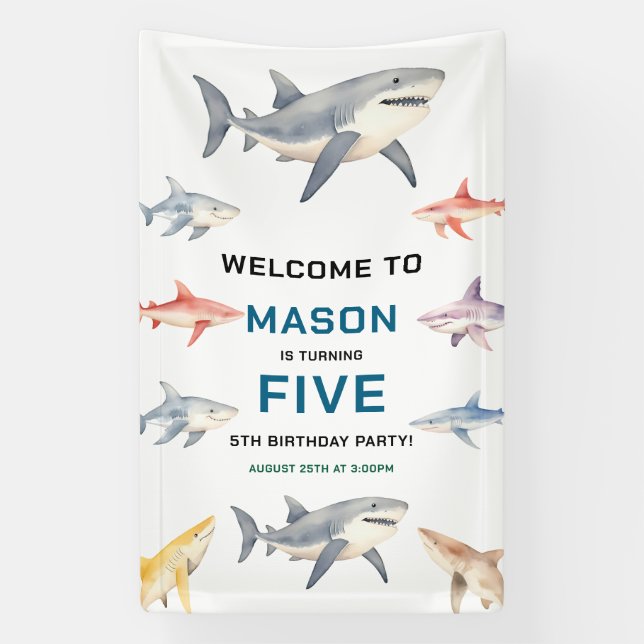 Shark Splash 5th Birthday | Cute Ocean Kids Banner (Vertical)