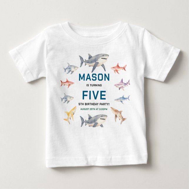 Shark Splash 5th Birthday Party | Cute Ocean Kids Baby T-Shirt (Front)