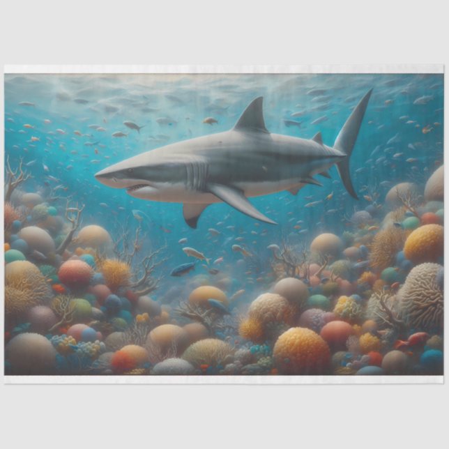Shark Swimming Above a Coral Reef Decoupage Tissue Paper (Front)