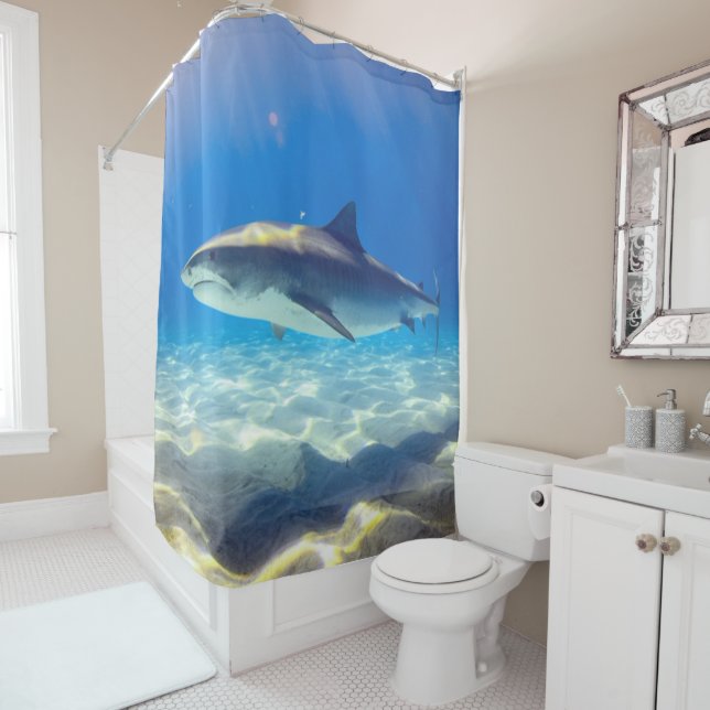 Shark Swimming Blue Ocean Water Shower Curtain (In Situ)