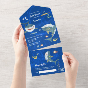 Shark swimming ocean blue under the sea party all in one invitation