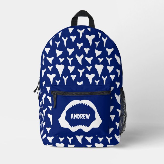 Shark Teeth Pattern Blue and White Personalised Printed Backpack (Front)