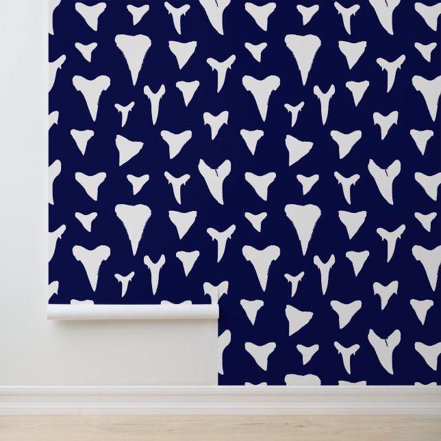 Shark Teeth Patterned Navy Blue and White Wallpaper (Application)