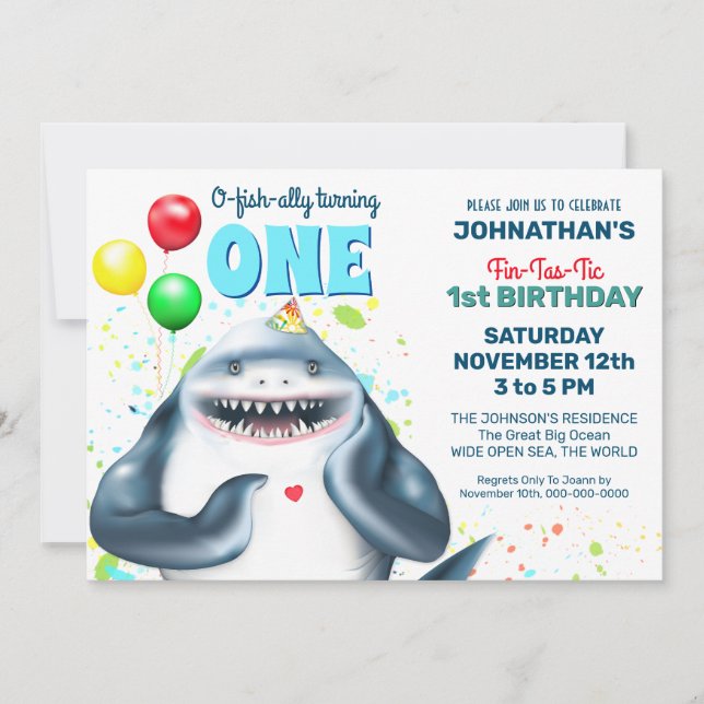 Shark Theme Kids Birthday Party Invite (Front)
