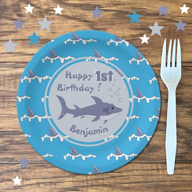 Shark Theme Personalised 1st Birthday Paper Plates (Don't forget to get matching napkins and cups ,)
