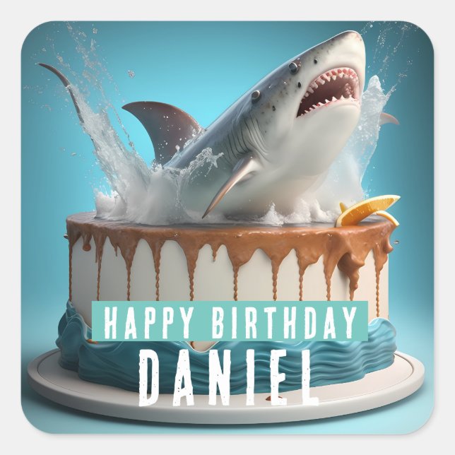 Shark themed Birthday Cake Square Sticker (Front)