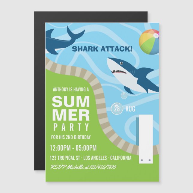 Shark themed Summer Pool Birthday Party Magnetic Invitation (Front/Back)