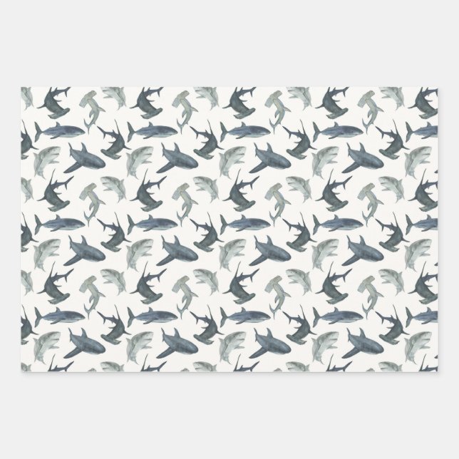 Shark-Themed Wrapping Paper Set | Watercolor Shark (Front)