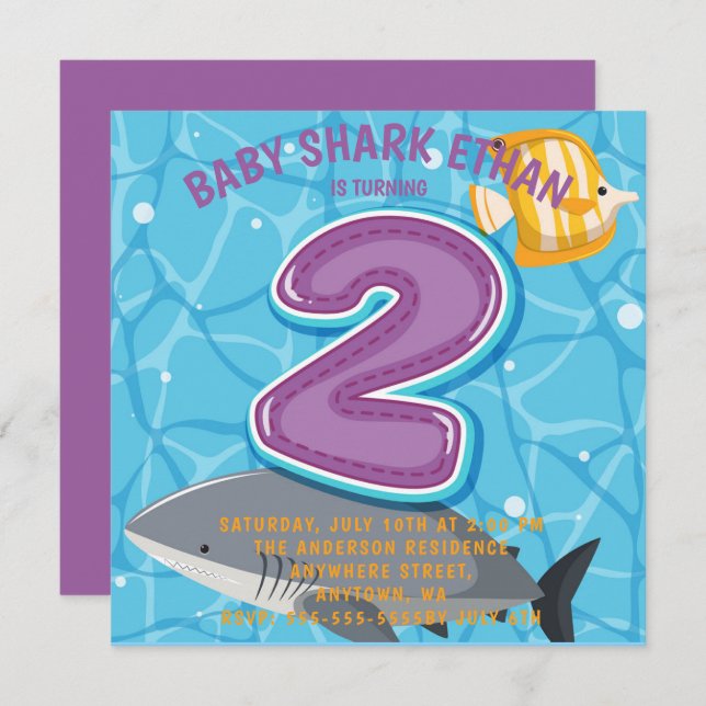  Shark Under The Sea 2nd Birthday Party Invitation (Front/Back)