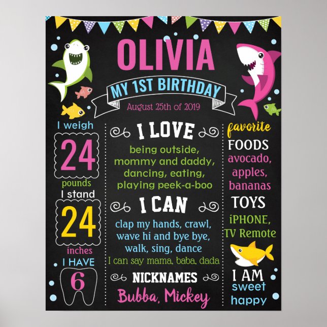 Shark Under the sea First Birthday chalkboard Poster (Front)