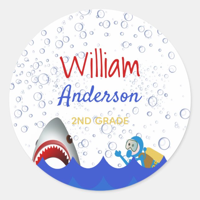 Shark under the sea name bookplate classic round sticker (Front)