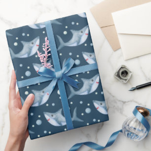 Shark Under the Sea Navy Blue Wrapping Paper