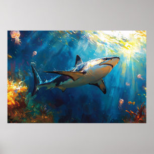 Shark Underwater Surrounded by Jellyfish Poster