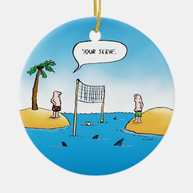 Shark Volleyball Funny Cartoon Ceramic Tree Decoration (Front)