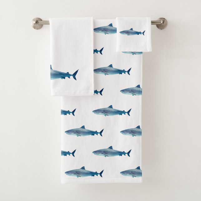 Shark Watercolor Painting Pattern Bath Towel Set (Insitu)