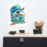 Shark wave poster<br><div class="desc">Shark wave poster.
Feeding frenzy while riding the waves.
Shark attack; retro aesthetic.</div>