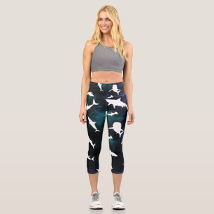 Shark white shadow on Dark galaxy Space Capri Leggings