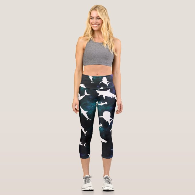 Shark white shadow on Dark galaxy Space Capri Leggings (Front)