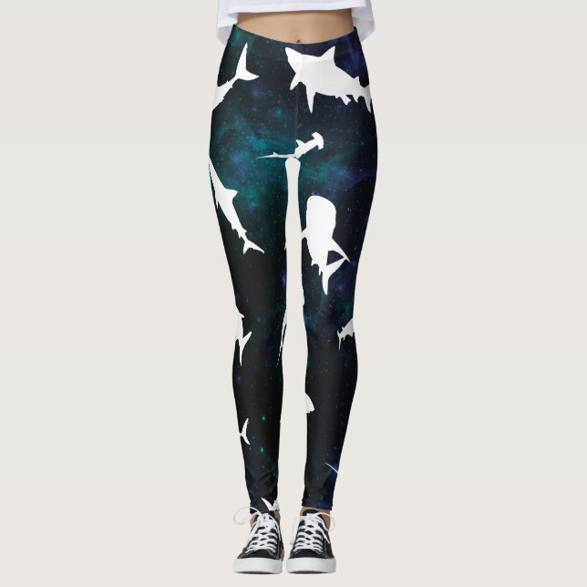 Shark white shadow on Dark galaxy Space Leggings (Front)