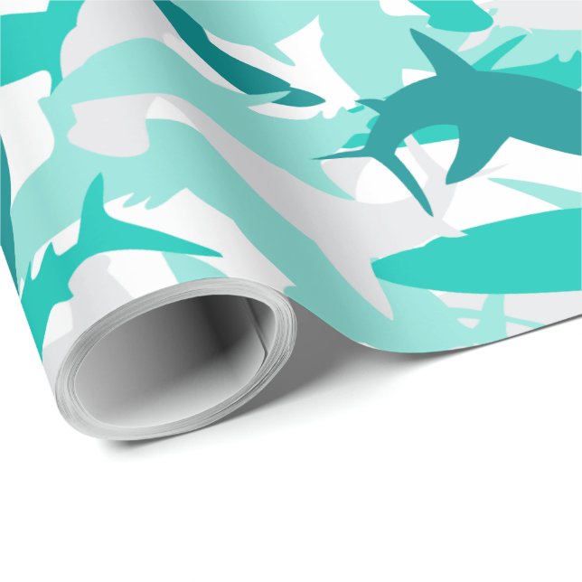 Shark White & Teal Camouflage Print Wrapping Paper (Roll Corner)