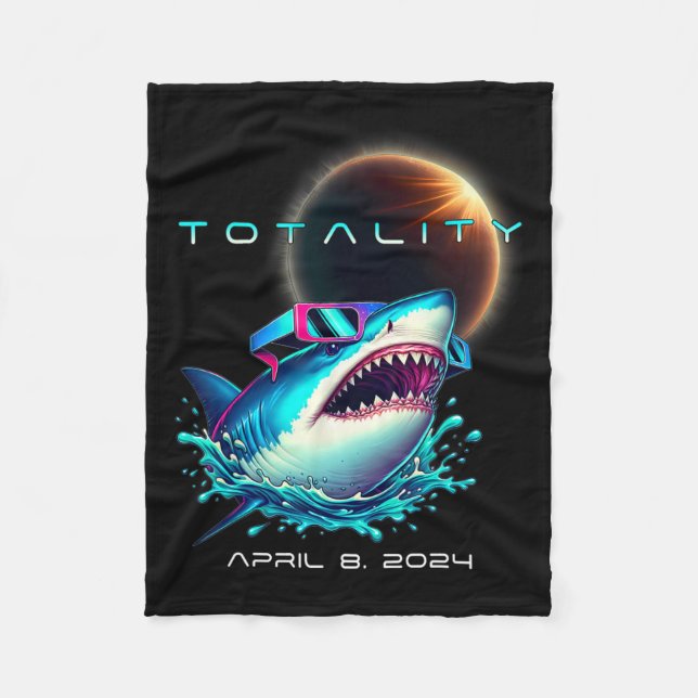 Shark With Eclipse Glasses Totality 2024 Funny Sol Fleece Blanket (Front)