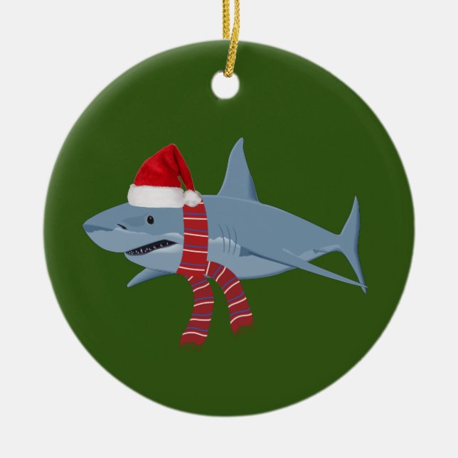 Shark With Hat Scaft Christmas Ceramic Tree Decoration (Front)