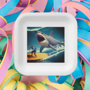  Shark & Yellow Surf Board, Trendy Birthday  Paper Plate