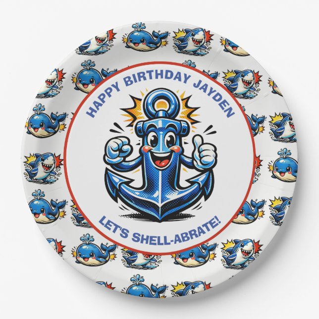Sharks and Whales Boy's Birthday Party Paper Plate (Front)