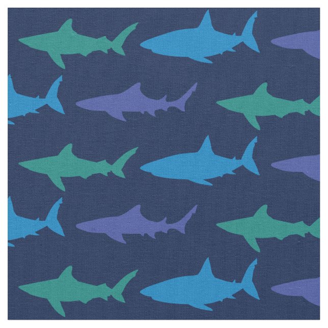 Sharks Cute Silhouette Blue Navy Fabric (Close Up)