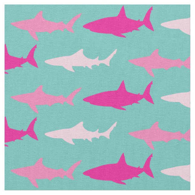 Sharks Cute Silhouette Pink Teal Fabric (Close Up)