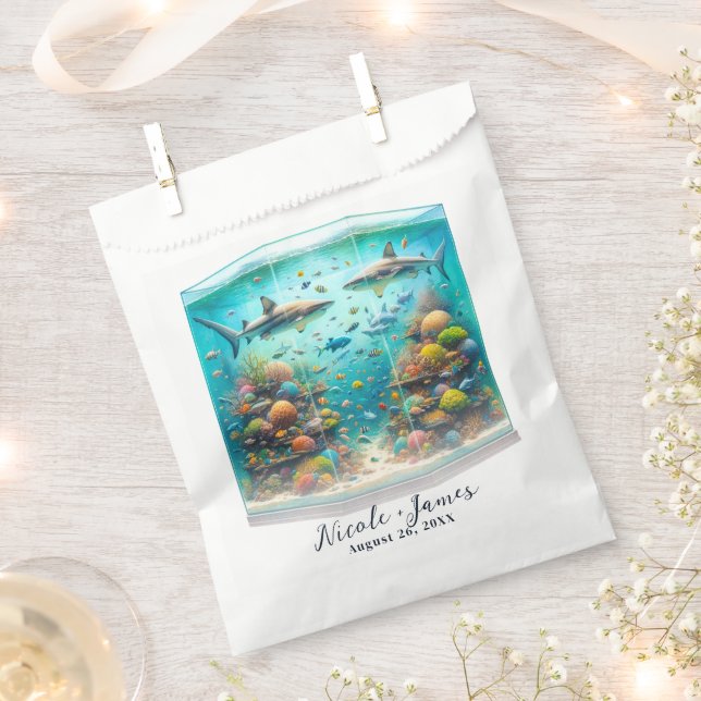 Sharks & Fish Aquatic Watercolor Aquarium Wedding Favour Bags (Clipped)