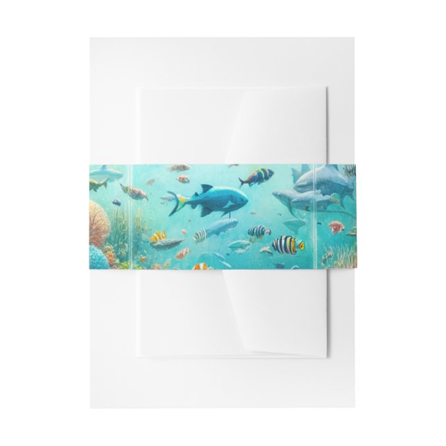 Sharks & Fish Aquatic Watercolor Aquarium Wedding Invitation Belly Band (Front Example)
