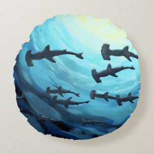 Sharks in Silhouette with Sun Ball Round Cushion