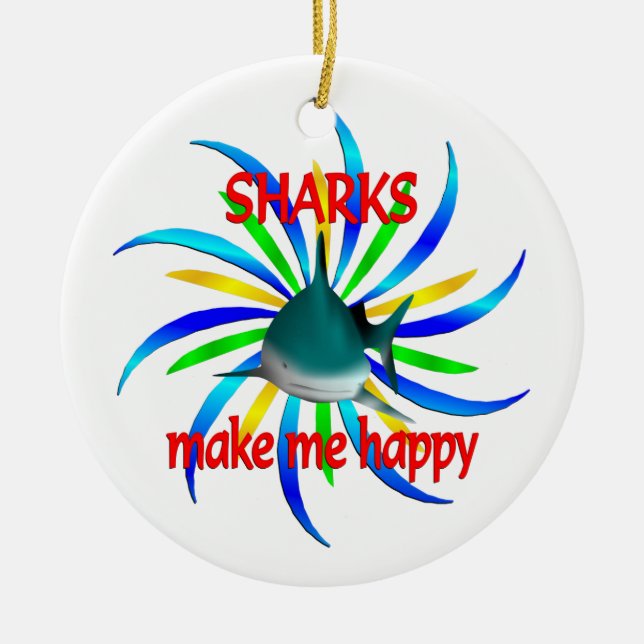 Sharks Make Me Happy Ceramic Tree Decoration (Front)