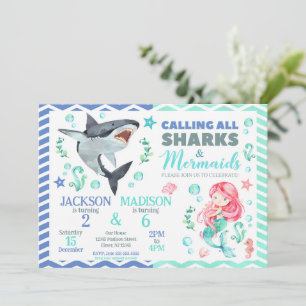 Sharks & Mermaids Joint Birthday   Pool Party Invitation