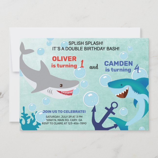Sharks siblings boy birthday invitation. invitation (Front)