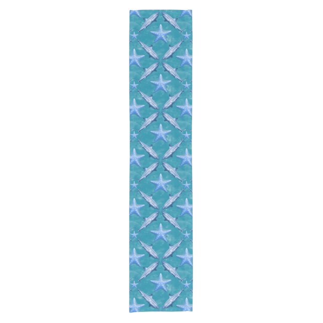 Sharks Starfish Ocean Life Nautical Coastal Blue Short Table Runner (Front)