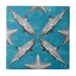 Sharks Starfish Ocean Life Nautical Coastal Blue Tile