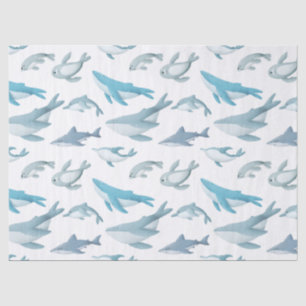 Sharks, Whales, Dolphins, Seals on White Decoupage Tissue Paper