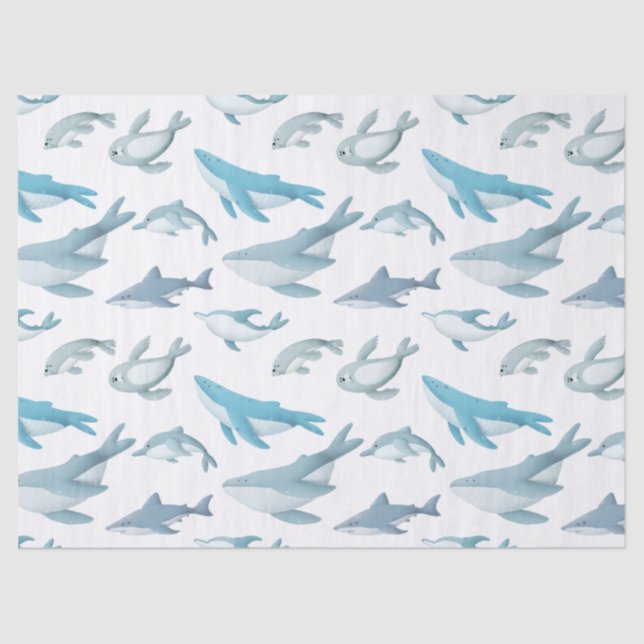 Sharks, Whales, Dolphins, Seals on White Decoupage Tissue Paper (Front)