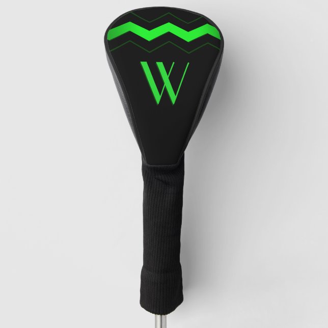 Sharp Black with Lime Green Zigzag Initial Golf Head Cover (Front)