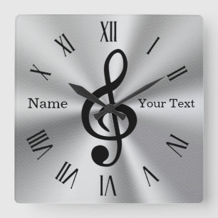 Sharp Personalised Treble Clef Clock, Silver Black Square Wall Clock