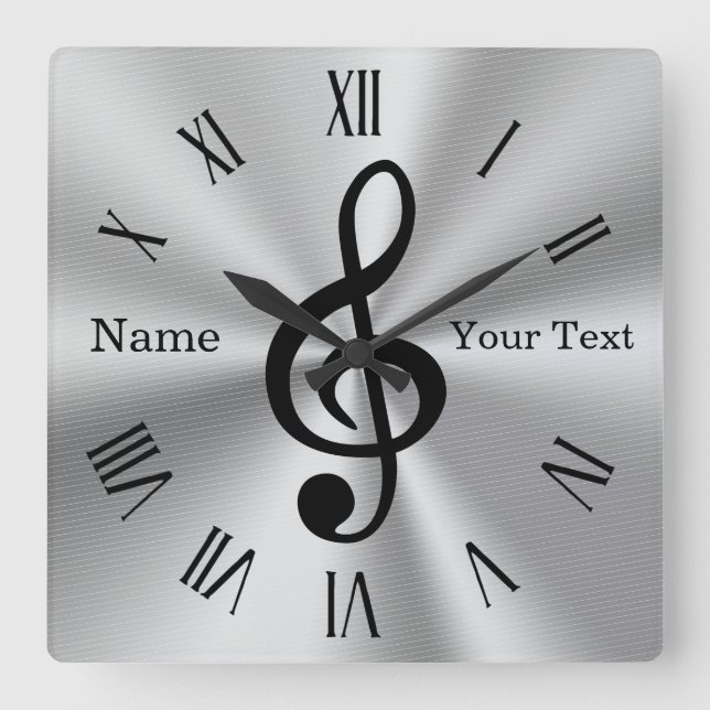 Sharp Personalised Treble Clef Clock, Silver Black Square Wall Clock (Front)