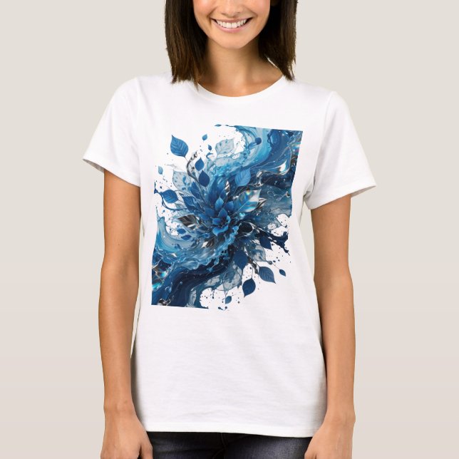 Sharp Silver BLUE LEAVES AND FLOWERS Graphic Tee (Front)