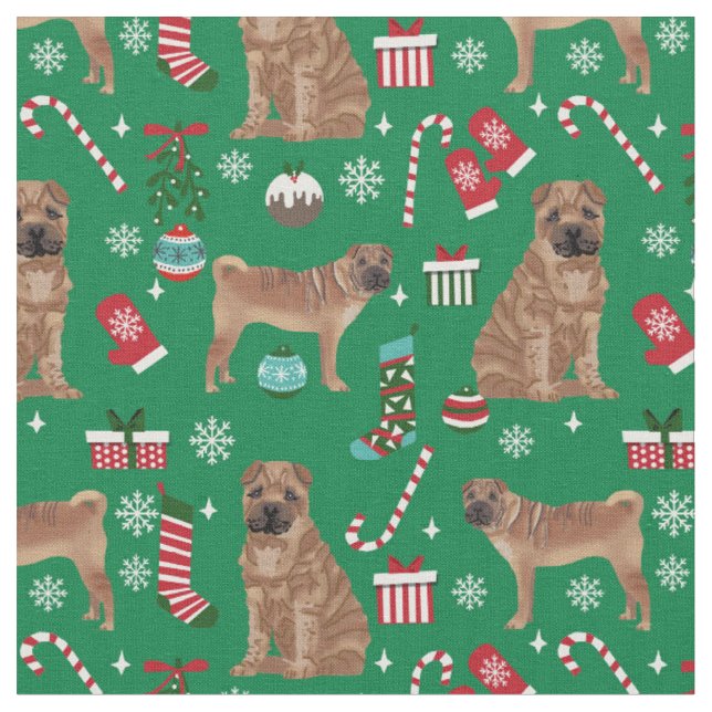 sharpei dog christmas holiday fabric (Close Up)