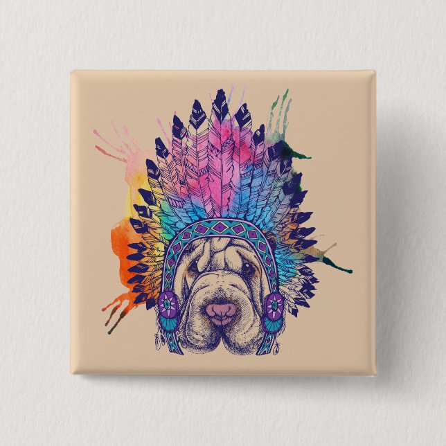 Sharpei Native American Indian Chief 15 Cm Square Badge (Front)